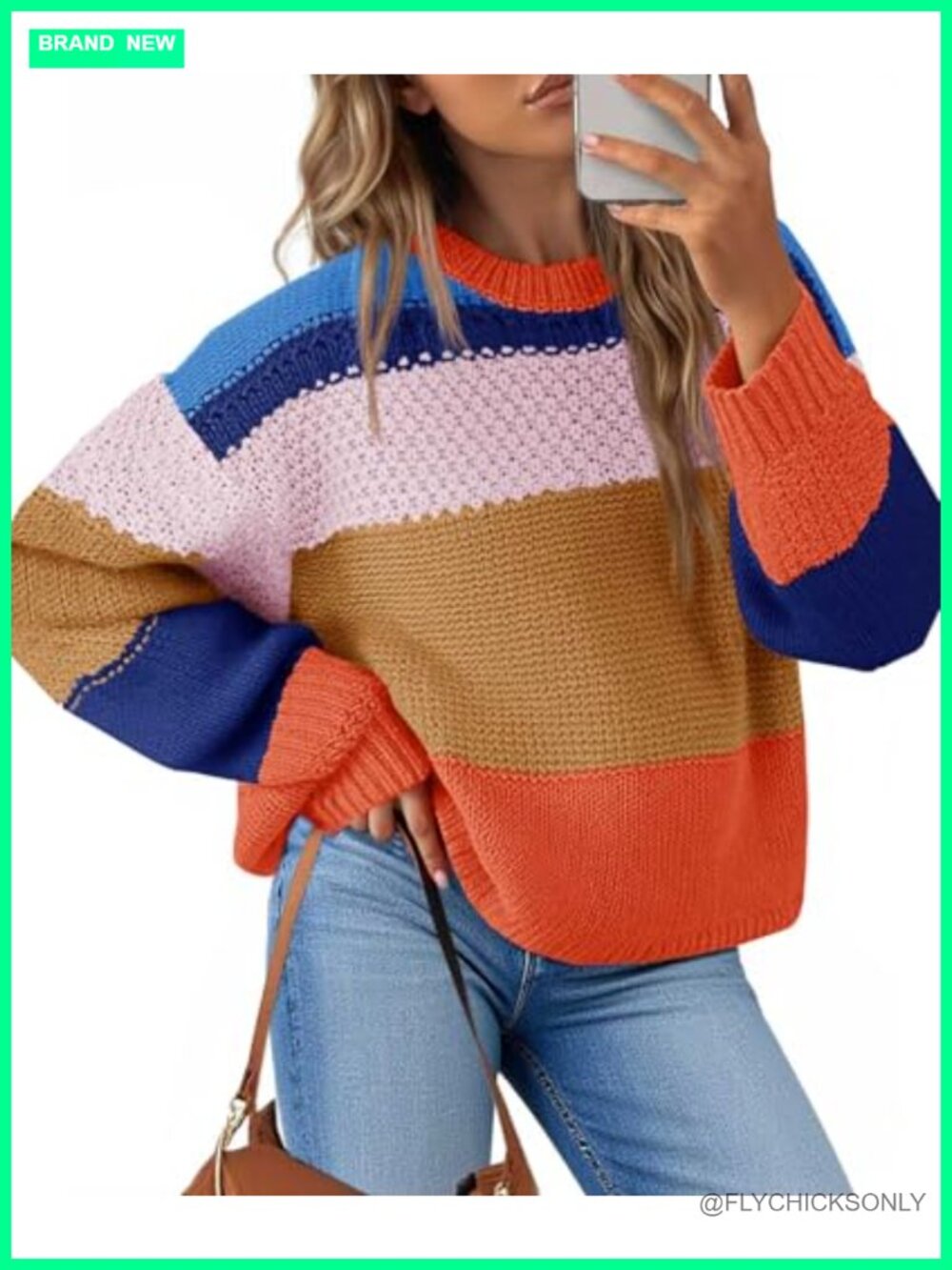 Womens Cropped Color Block Striped Pullover Sweater Crew Neck Long Sleeve